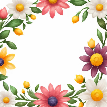 Frame with flowers and leaves over white background. 2d flat, isolated white background, AI generatedの素材