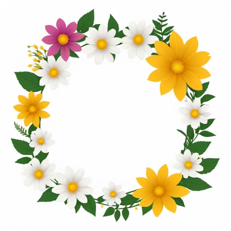 Flower wreath with white and yellow flowers. 2d flat flower frame, isolated white background, AI generatedの素材