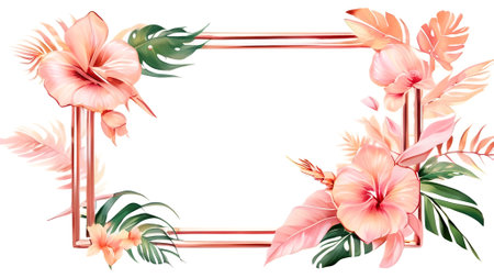 Tropical frame with pink hibiscus flowers and palm leaves. AI generatedの素材