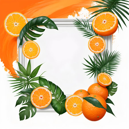 Frame with tropical leaves and oranges on white background.  AI generatedの素材