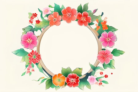 Round frame with hibiscus flowers and leaves. AI generatedの素材