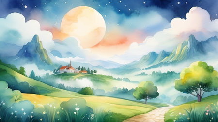 Beautiful landscape with mountains, meadows and church. Watercolor illustration. AI generatedの素材