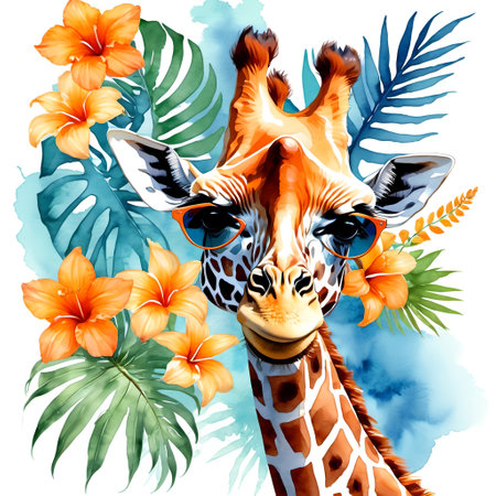 Giraffe in sunglasses with tropical flowers. Watercolor illustration. AI generatedの素材