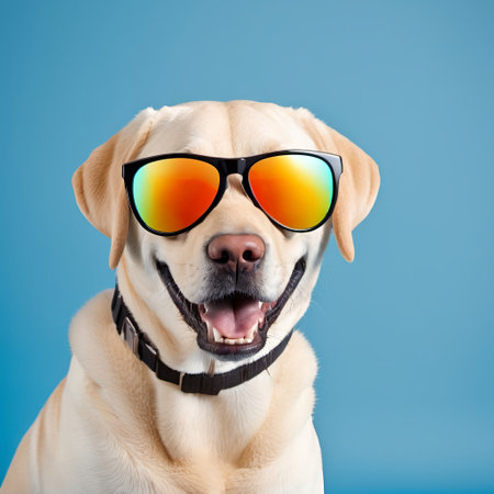 Labrador retriever dog wearing sunglasses. Studio shot on blue background. AI generated.の素材