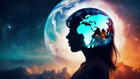Silhouette of woman and planet.  AI generated.の素材