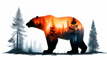 Silhouette of a bear against the backdrop of a winter forest, AI generatedの素材
