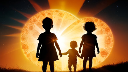 Silhouette of a happy family on the background of the sun, AI generatedの素材