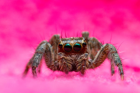 Close up of jumping spider on pink background.