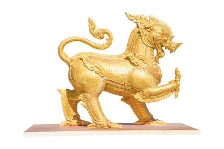 Gold lion statue isolated on white background.の写真素材