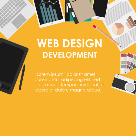 Desk flat design top view web design development with text vector illustrationのイラスト素材