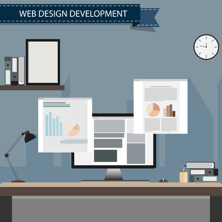 Desk flat design web design development vector illustrationのイラスト素材