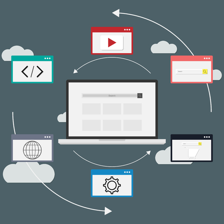 Flat design open laptop seo search engine.のイラスト素材