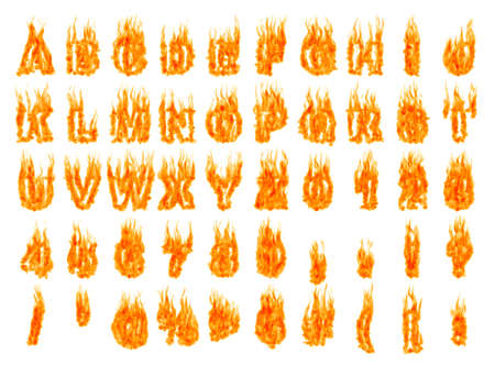 Burning alphabet letters and numbers isolated silhouettes on white background. Rendered 3D illustration Burning alphabet letters and numbers isolated silhouettes on white background. Rendered 3D illustration