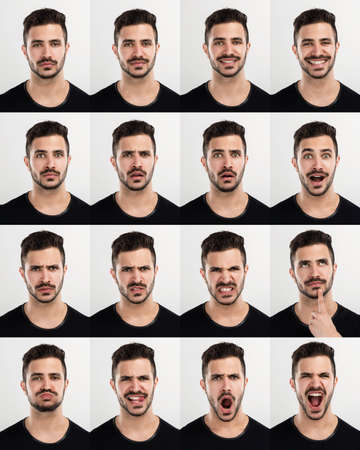 Composite of multiple portraits of the same man in different expressions Composite of multiple portraits of the same man in different expressions