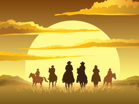 Team of cowboys silhouette galloping against a sunset background Team of cowboys silhouette galloping against a sunset background