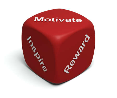 Red Dice with words Inspire, Motivate, Reward on faces Red Dice with words Inspire, Motivate, Reward on faces