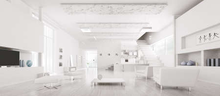 Interior of modern white apartment hall kitchen panorama 3d render Interior of modern white apartment hall kitchen panorama 3d render
