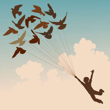 silhouette of a boy carried by flying pigeons silhouette of a boy carried by flying pigeons