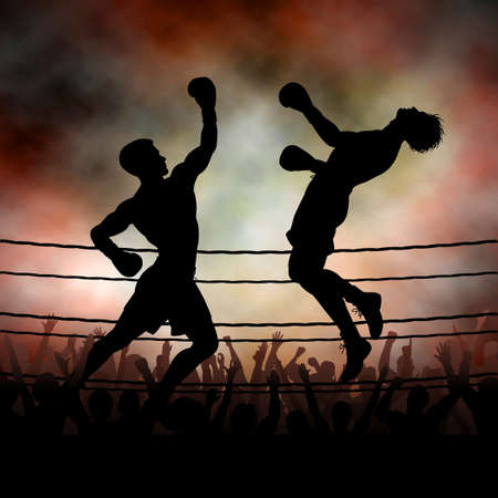 Editable vector silhouette of a boxer knocking out his opponent with an uppercut punch with background made using a gradient mesh Editable vector silhouette of a boxer knocking out his opponent with an uppercut punch with background made using a gradient mesh