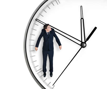 Businessman hangs on an arrow of clock, isolated on white background Businessman hangs on an arrow of clock, isolated on white background