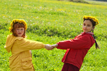 Couple of cheerful spring girlsの写真素材