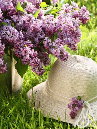 Bunch of lilac  and hatの写真素材