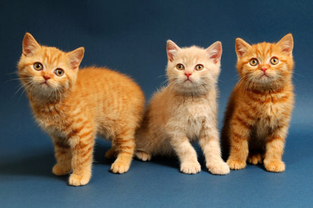 Kittens, sitting on a blue backgroundの写真素材