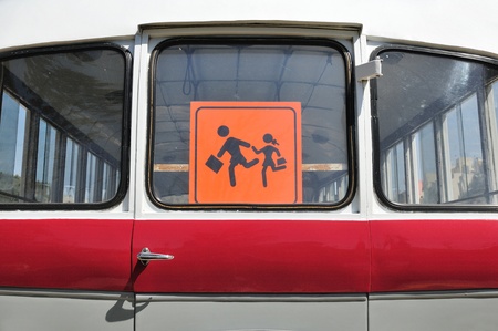 Child sign on rear bus windowの写真素材