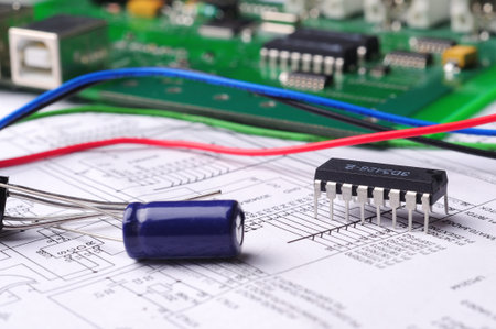 Close-up on a microchip on a scheme background
