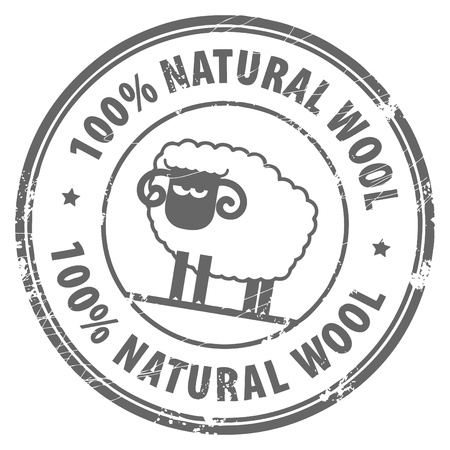 Abstract grunge rubber stamp with small sheep and the words 100  Natural Wool written insideのイラスト素材