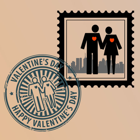 Postage stamp with couple and postmark with text Valentine Dayのイラスト素材