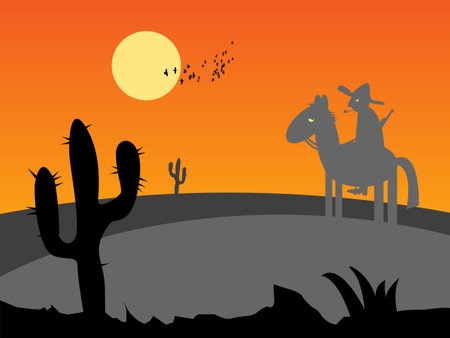 Mexico desert sunset with cactus and horse riderのイラスト素材