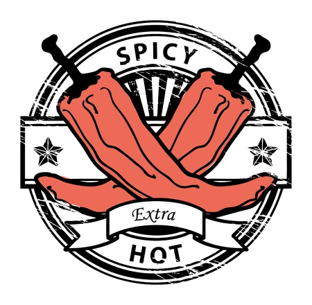 Grungy rubber stamp with Pepper shape and the words hot spicy written inside the stampのイラスト素材