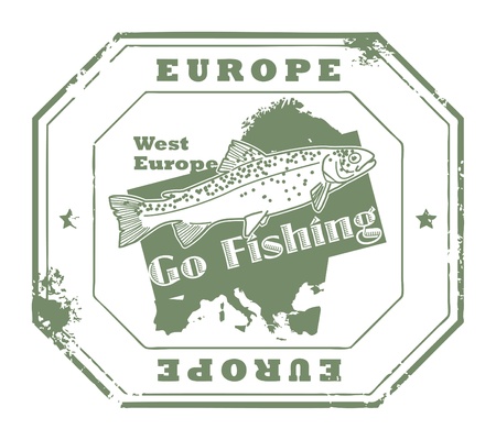 Grunge rubber stamp with fish shape and the text Europe, Go Fishing written insideのイラスト素材