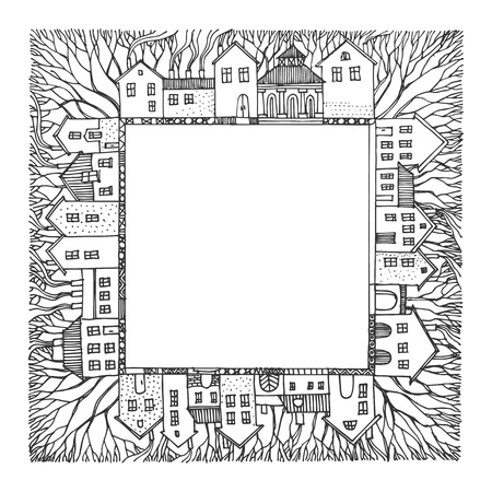Cartoon hand drawing houses frameのイラスト素材