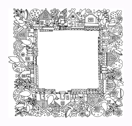Houses and garden, hand drawn illustrationのイラスト素材