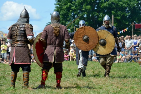 KERNAVE, LITHUANIA - JULY 7: Unidentified people in a Medieval fights at 14th International Festival...