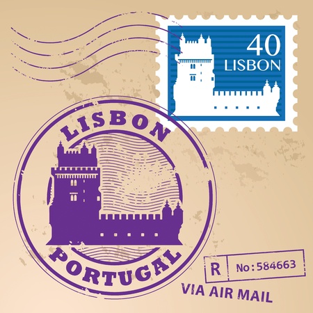 Stamp set with Belem Tower and the words Lisbon, Portugal insideのイラスト素材