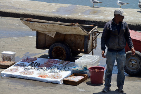 ESSAOUIRA - JULY 15  Unknown man sell fresh fish in harbor of Essaouira, Morocco, July 15, 2013  Essaouira is one of the most popular tourist place on Atlantic coast in Morocco のeditorial素材