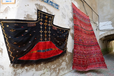 ESSAOUIRA - JULY 16  Traditional berber carpets for sale in Essaouira, Morocco, July 16, 2013  Essaouira is one of the most popular tourist place on Atlantic coast in Morocco のeditorial素材