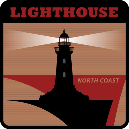 Label with lighthouse silhouette on abstract backgroundのイラスト素材