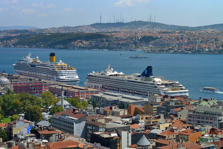 ISTANBUL - AUGUST 8  Unknown cruise ships in Istanbul Port, August 8, 2013 in Istanbul, Turkey  Istanbul is the world s fifth-most-popular tourist destination のeditorial素材