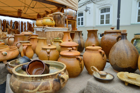 VILNIUS, LITHUANIA - MARCH 7  Typical lithuanian pots in annual traditional crafts fair - Kaziuko fair on Mar 7, 2014 in Vilnius, Lithuaniaのeditorial素材