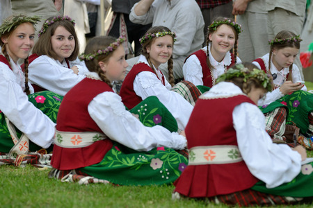 VILNIUS, LITHUANIA - JULY 6  Unidentified peoples in traditional Lithuanian Song Celebration on July 6, 2014 in Vilnius, Lithuania  Song Festival is Lithuania s main cultural event for 2014 のeditorial素材