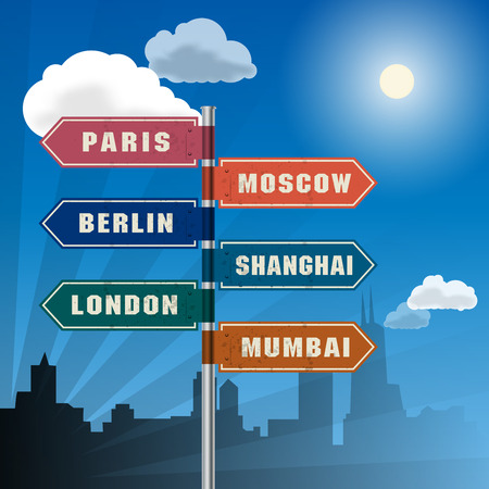 Road sign with words Paris, Berlin, London, Moscow, Shanghai and Mumbai, vector illustrationのイラスト素材