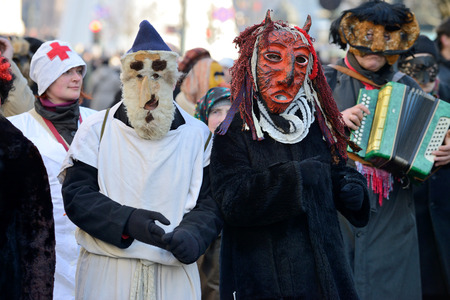 VILNIUS - FEBRUARY 14: Unidentified peoples in traditional masks on February 14, 2015 in Vilnius, Lithuania. Uzgavenes is a Lithuanian folk festival that start during the seventh week before Easter.のeditorial素材