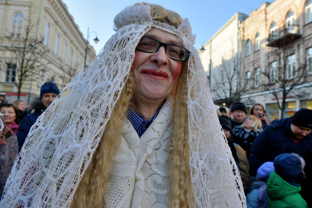 VILNIUS - FEBRUARY 14: Unidentified peoples in traditional masks on February 14, 2015 in Vilnius, Lithuania. Uzgavenes is a Lithuanian folk festival that start during the seventh week before Easter.のeditorial素材