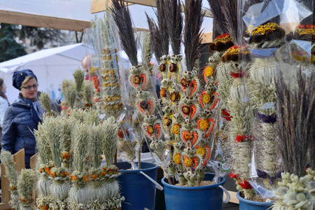 VILNIUS, LITHUANIA - MARCH 8: Unidentified people trade traditional palm bouquets in annual traditional crafts fair - Kaziuko fair on Mar 8, 2015 in Vilnius, Lithuaniaのeditorial素材