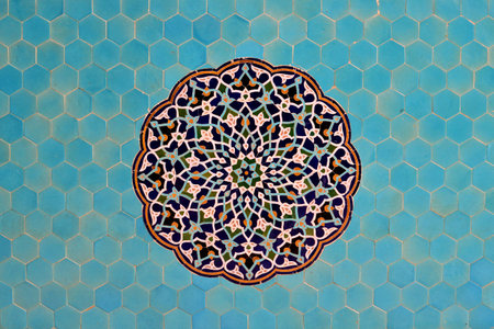 YAZD  APRIL 17: Tiled background oriental ornaments from Jame Mosque in Yazd southern Iran on April...