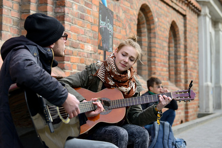 VILNIUS LITHUANIA  MAY 16: Unidentified musician plays guitar in Street Music Day on May 16 2015 in Vilnius. Its a most popular event on May in Vilnius Lithuaniaのeditorial素材